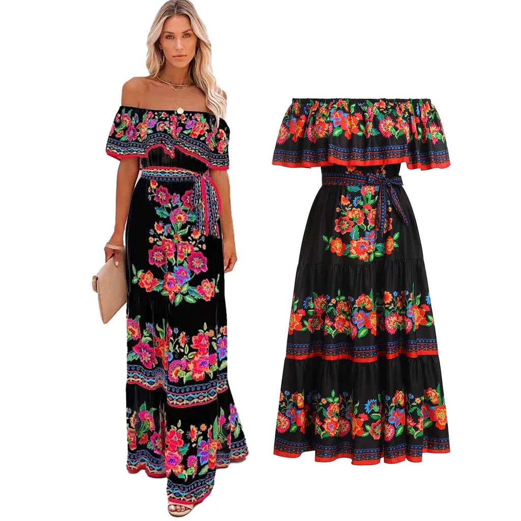 Ethnic Mexican Cinco De Mayo Summer Floral Print Off Shoulder Dress LADYLYS