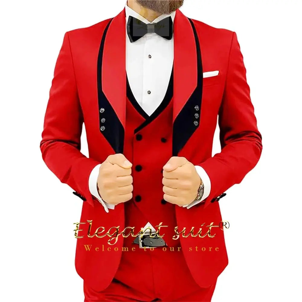 Men's black collar 3 piece suit (single button jacket vest and trousers)elegant slim fit tuxedo LADYLYS