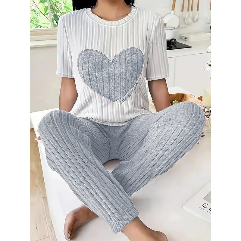 Two-Piece Pajamas Set Sleepwear Heart Print Round LADYLYS