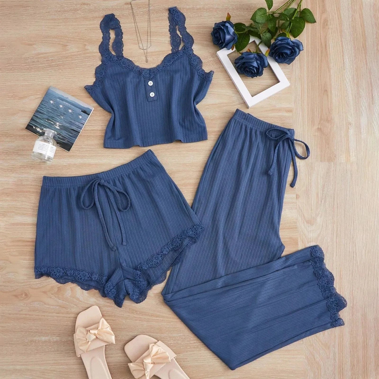 3PCS Pajama Sets Solid Vest Shorts and Pants Paired with Lace Splicing LADYLYS