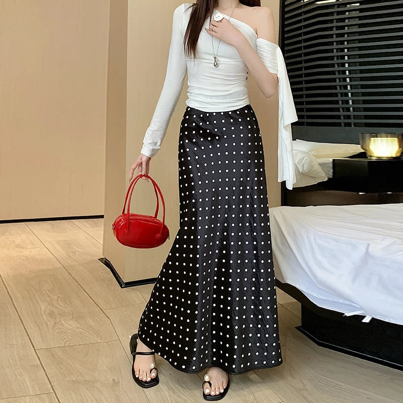 Polka Dot Acetate Satin Mermaid Maxi Skirt High-Waisted Slimming Fishtail Hem with Draped Elegance LADYLYS