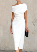 Asymmetrical Off-Shoulder Draped Midi Dress – Ruched Waist Split Pencil Dress