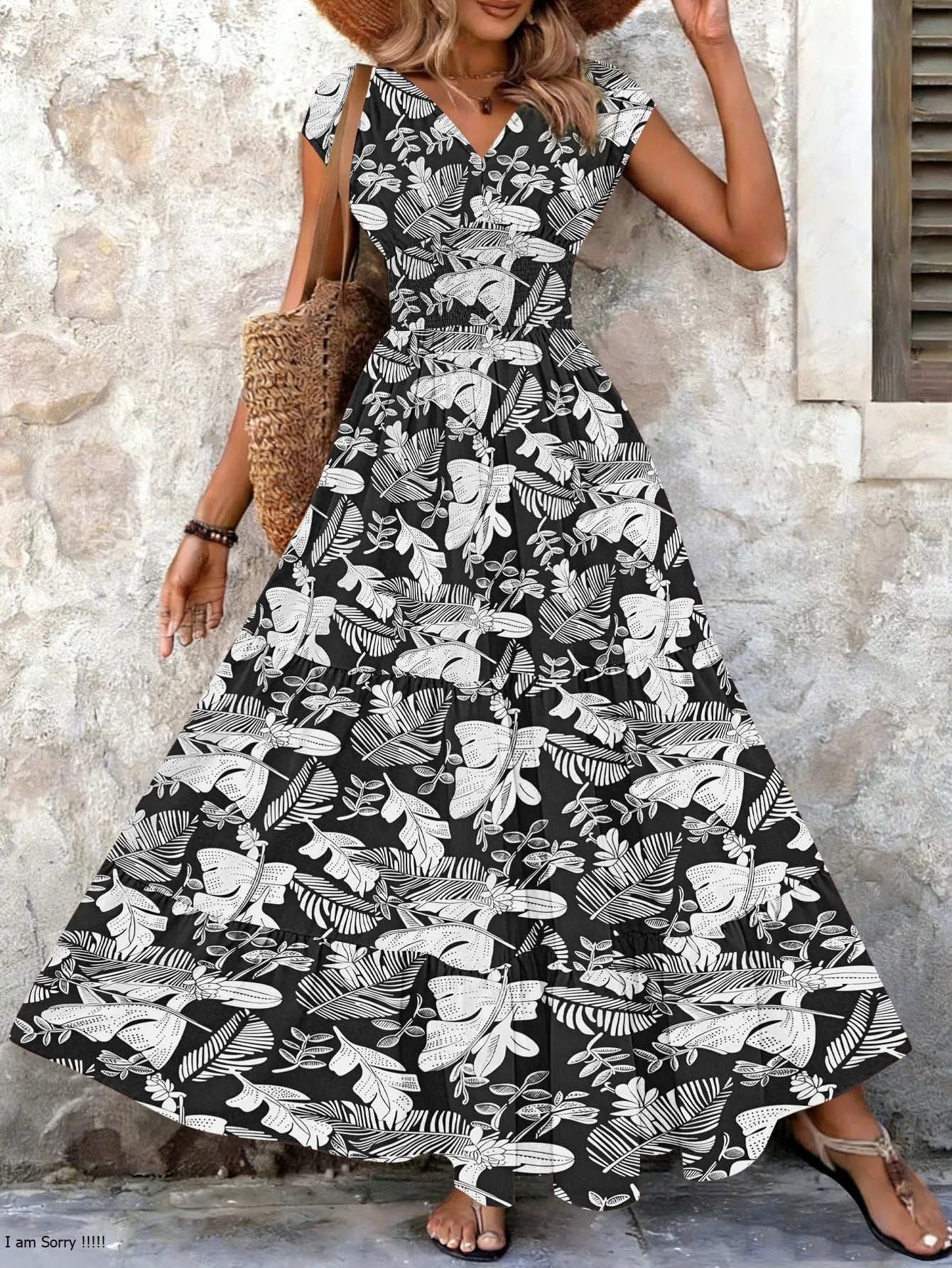 Vintage Floral Print Dress Elegant V-Neck Short Sleeve LADYLYS