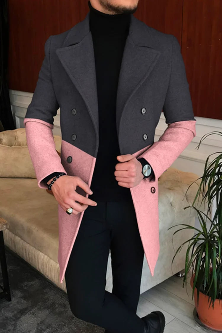 Men's Printed Long Overcoat with Lapel Collar and Button Front