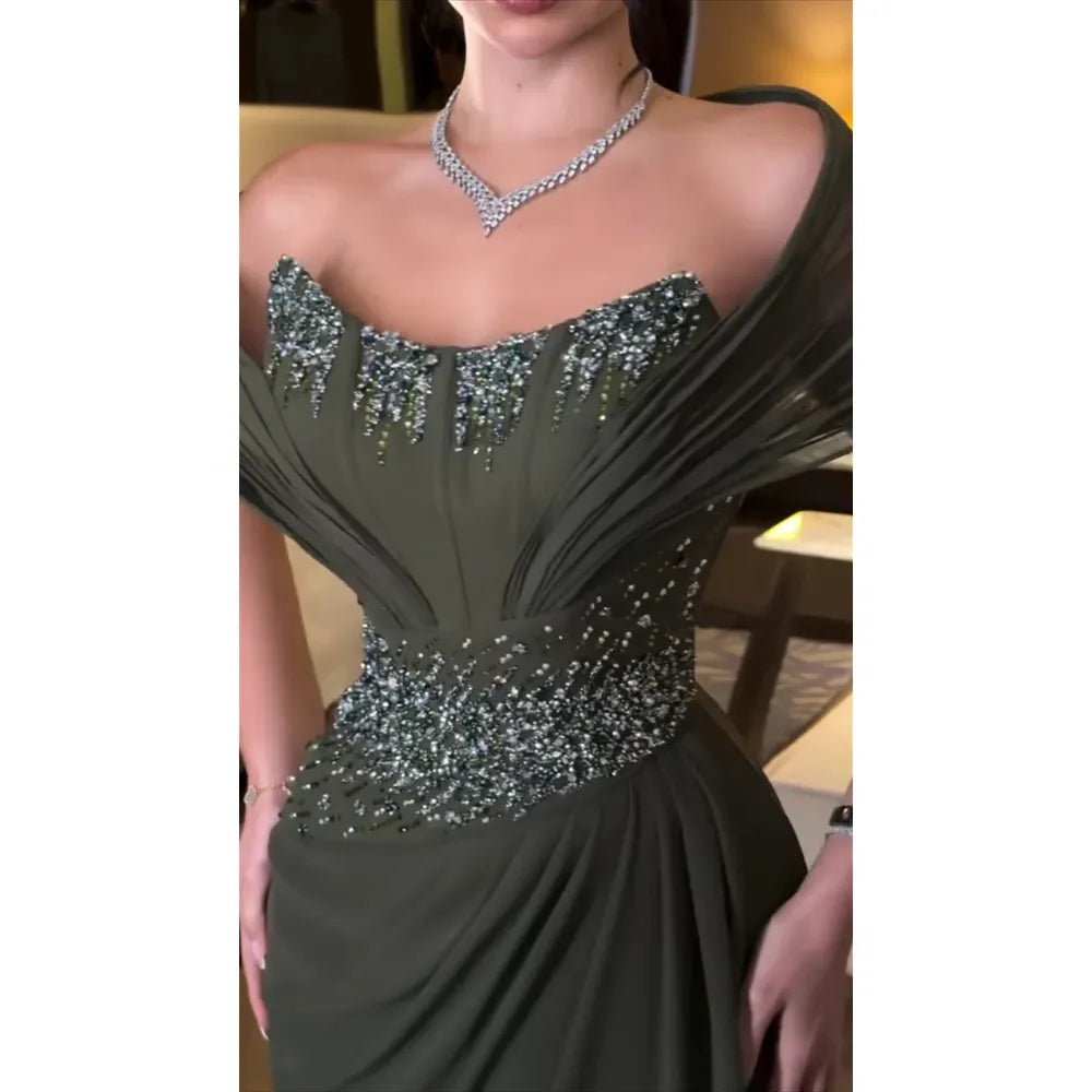 Off-Shoulder Chiffon Mermaid Evening Gown with Crystal Detail