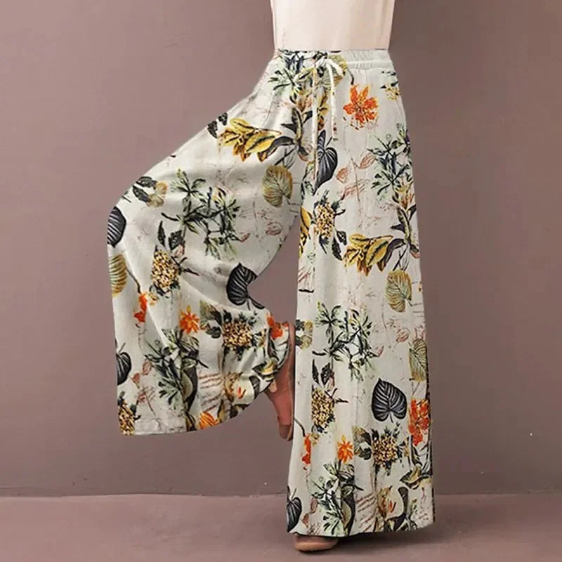 Women's Floral Print Wide Leg Pants — Drawstring Elastic Waist Bohemian Trousers | Plus Size
