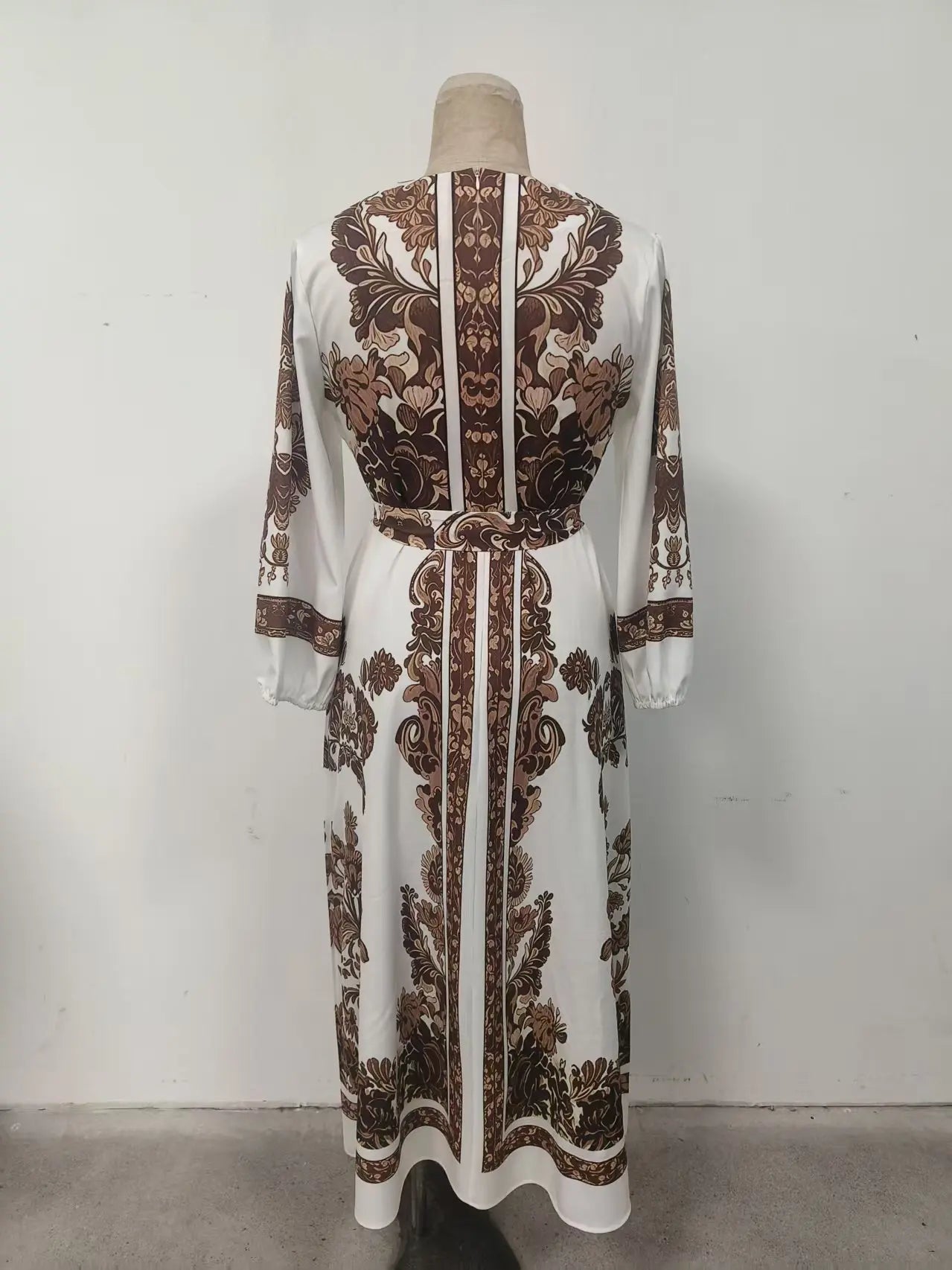 Bohemian Print Long Dress – V-Neck Lantern Sleeve Belt Waist | Casual Vacation Maxi