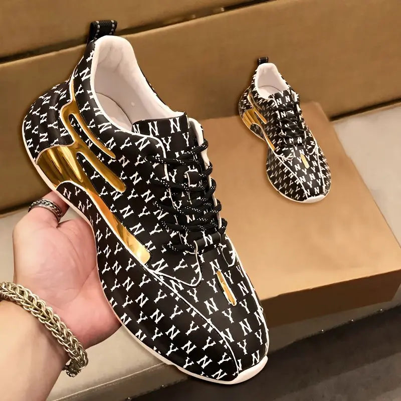 Men's Fashion Print Sneakers – Lace-Up Leather Casual Shoes