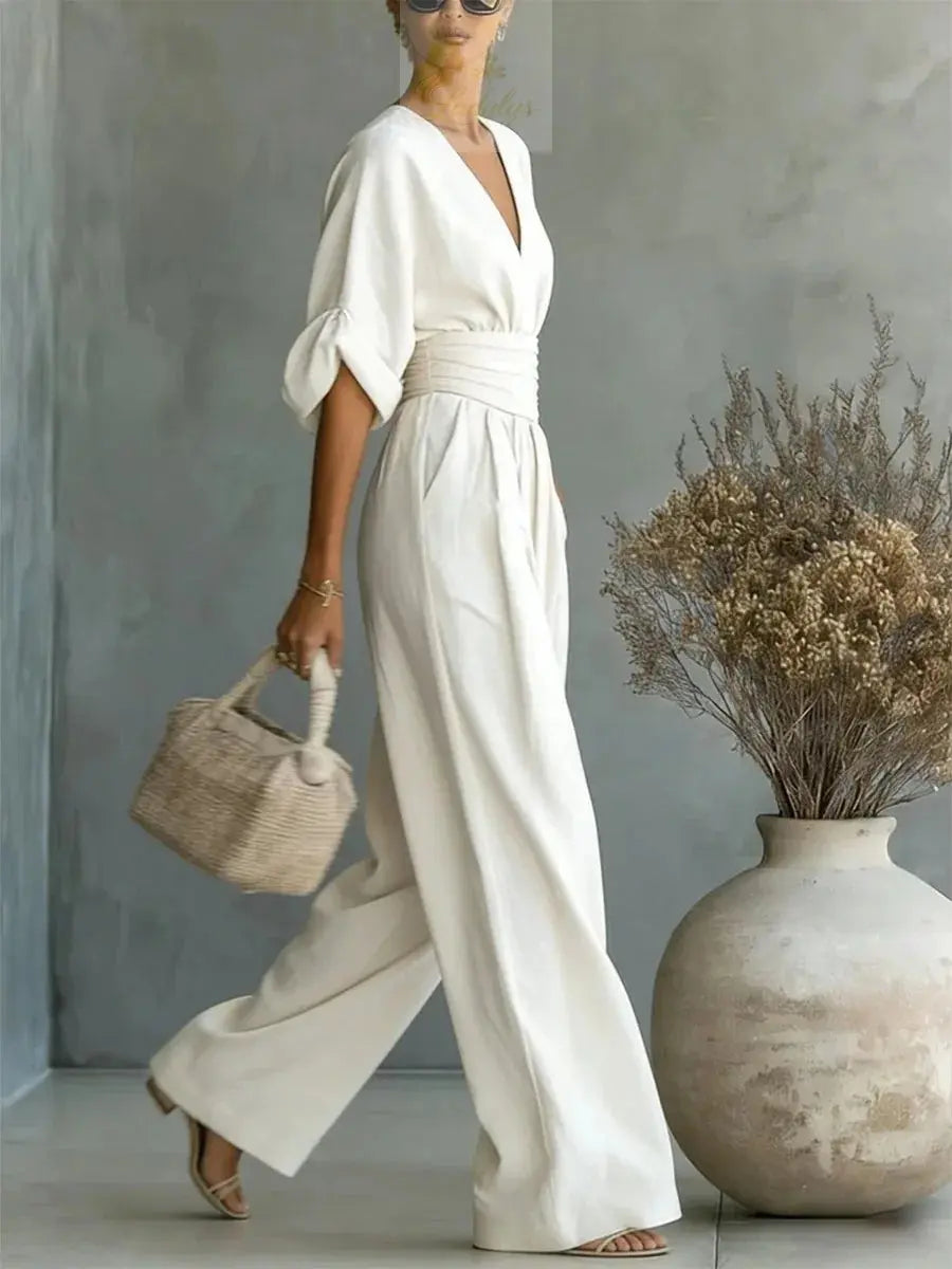 Jumpsuit Fashion High Waist V-neck Casual Sexy  Solid Color LADYLYS