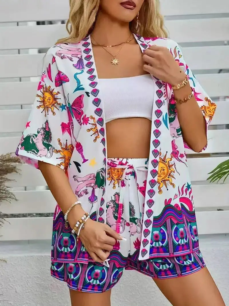 Casual Printed Cardigan Short-sleeved Top Shorts Two-piece Set LADYLYS