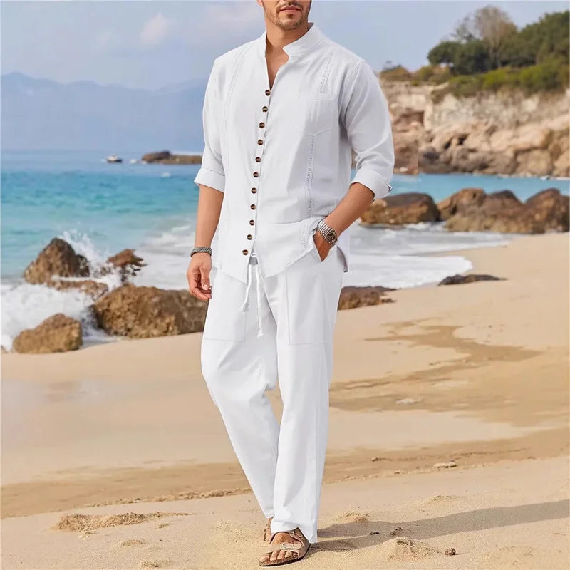 Men's Fashionable Cotton Linen Shirt Set, Stand Collar, Long Sleeves, Two-Piece Set LADYLYS