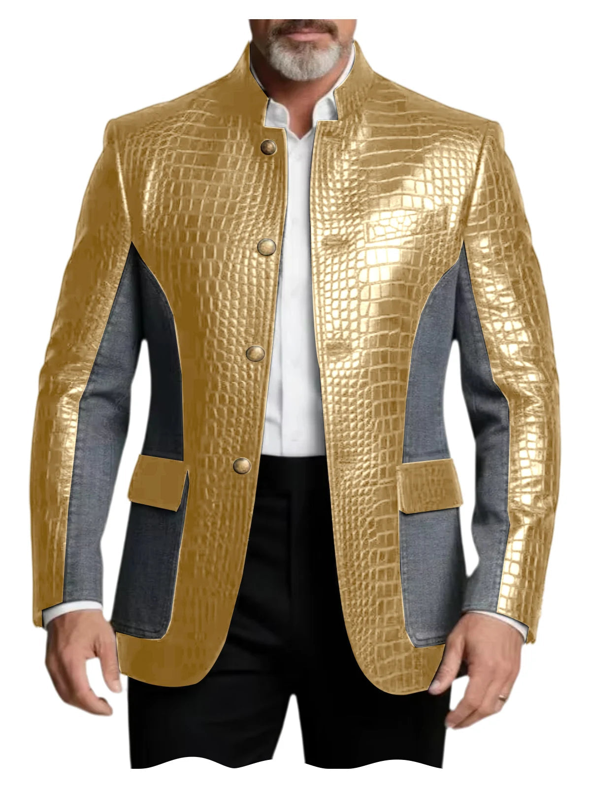 Men's Crocodile Embossed Leather Brown Jacket Patchwork Denim Luxury PU LADYLYS