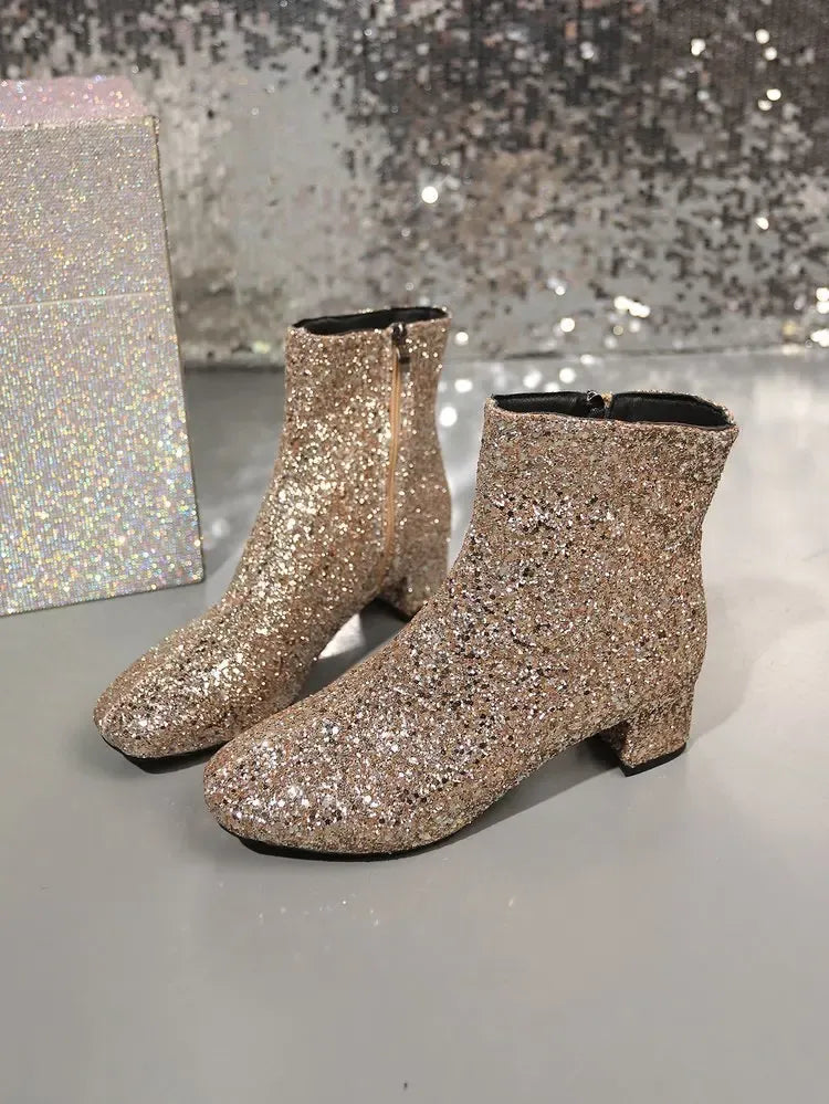 Women's Sparkly Mid-Calf Boots with Block Heels