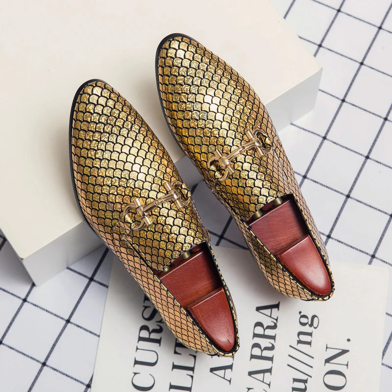 High-end banquet shoes, luxurious gold, pointed toe in genuine leather, large sizes: 38-48 LADYLYS