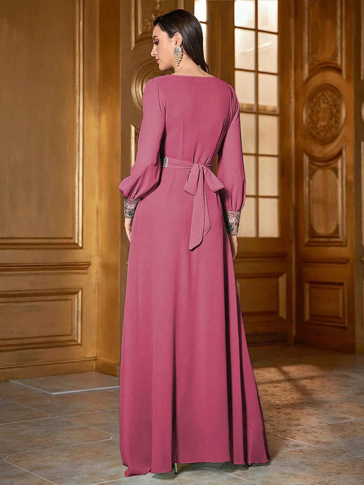 Eid femmes robe Abaya Caftan musulman col en V broderie robe de soirée Matutina-Chic
