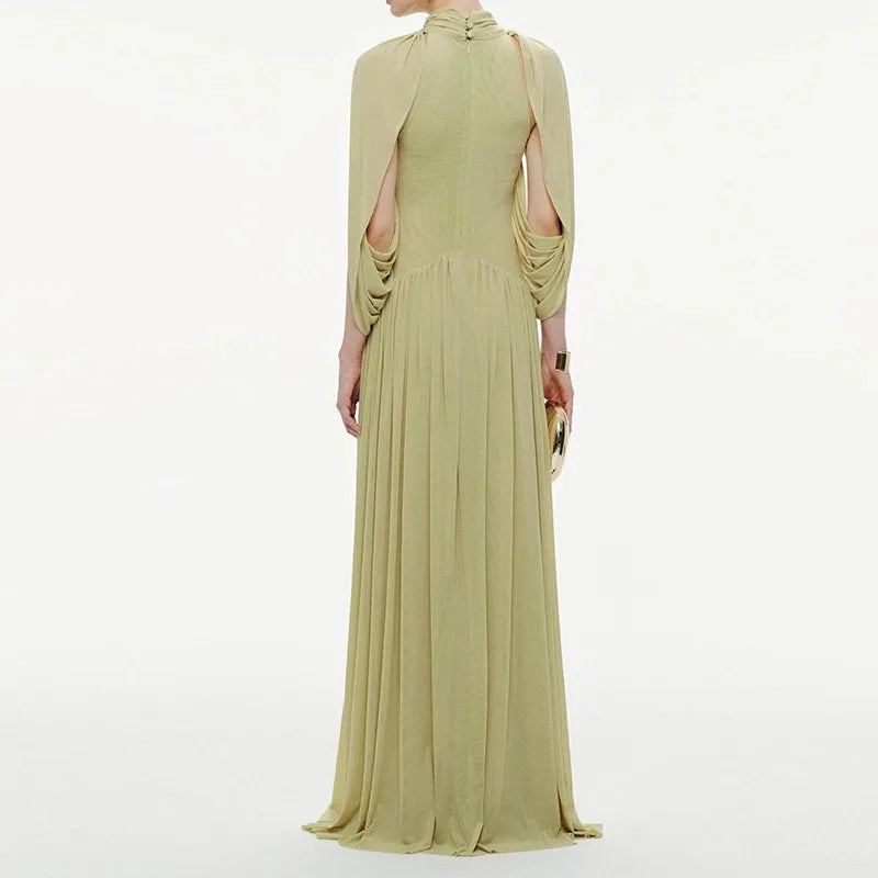 Chic Chiffon Pleated Maxi Dress Women Elegant Flutter Sleeve Turtleneck LADYLYS