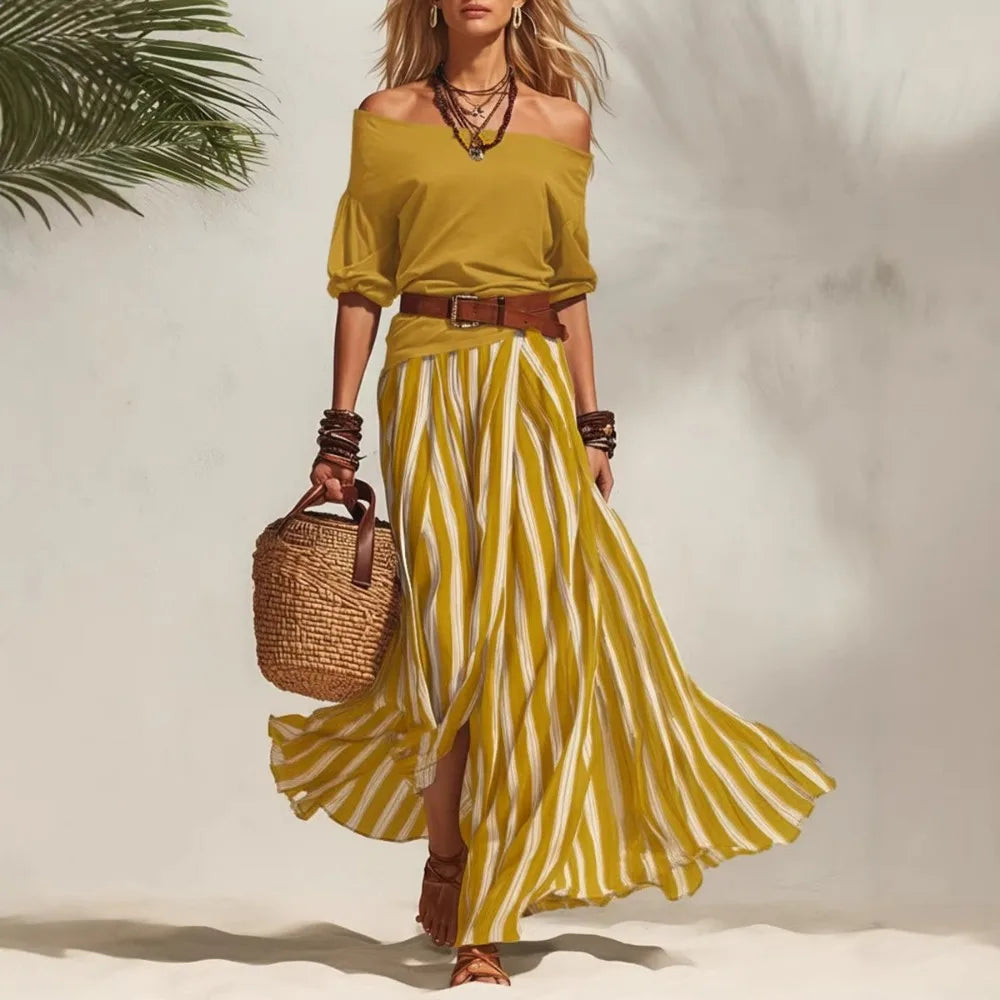 Women's 2-Piece Boho Set – Off-Shoulder Puff Sleeve Top & Vertical Stripe Flowy Maxi Skirt | Casual Vacation Outfit
