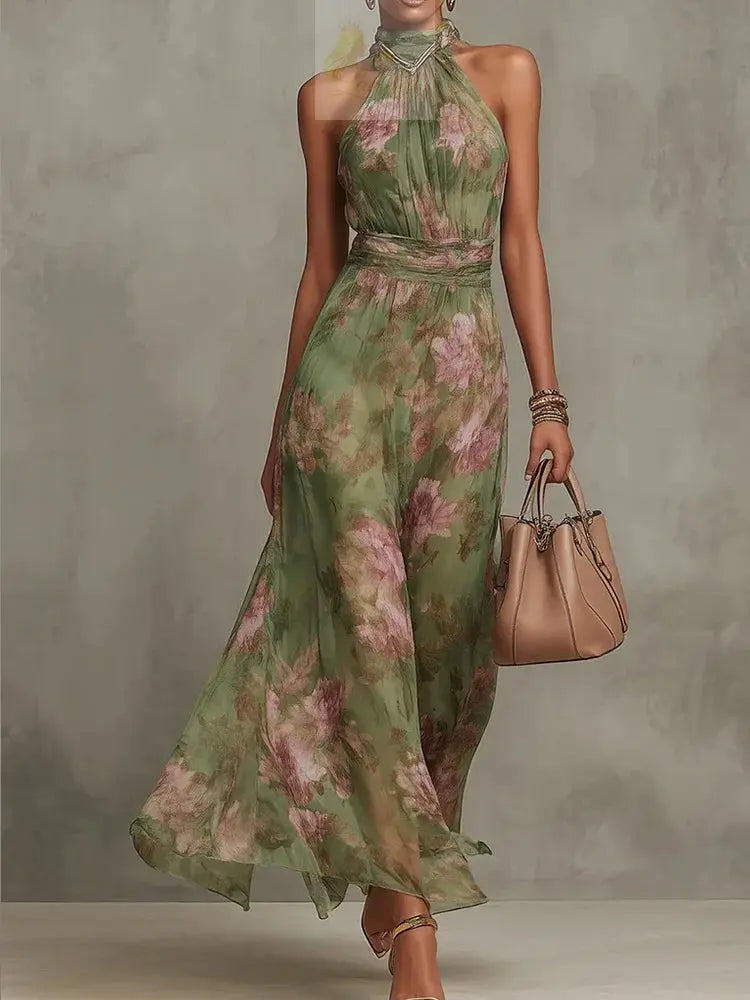 Sleeveless High Neck Ruched Waist Chiffon Flowy Evening Party Dress LADYLYS