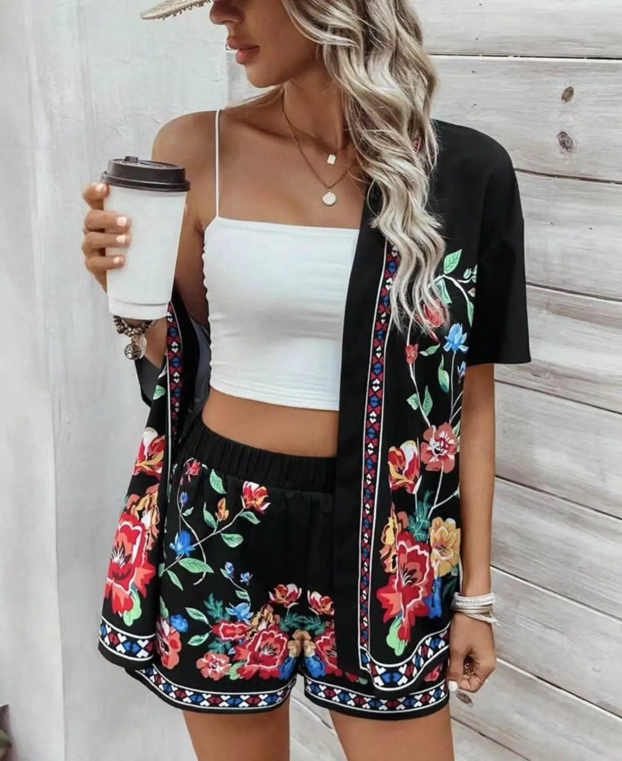 Casual Printed Cardigan Short-sleeved Top Shorts Two-piece Set LADYLYS