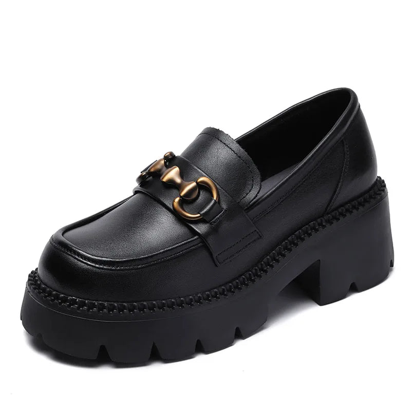 Women's Genuine Leather Loafer Pumps – Thick Square Heel Platform Slip-On with Metal Detail