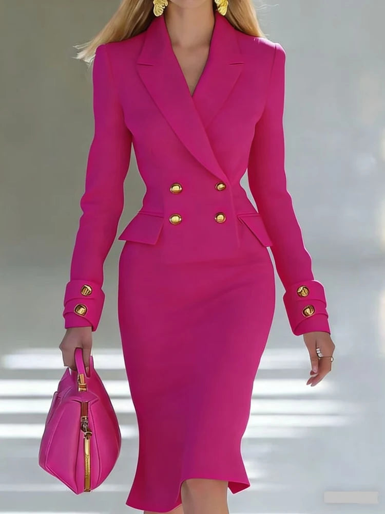 Elegant V-neck Double breasted Blazer Dress Fashion Commute Hight Waist Solid LADYLYS