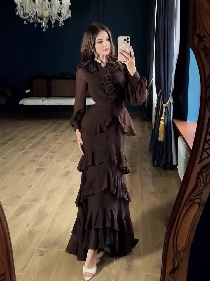 Women's Elegant Layered Ruffle Maxi Dress with Long Sleeves and Belt