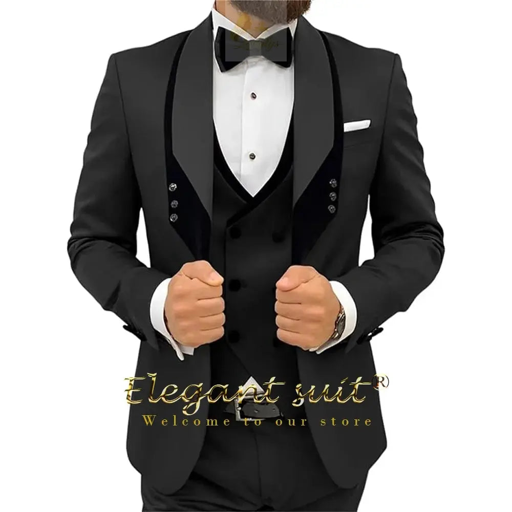 Men's black collar 3 piece suit (single button jacket vest and trousers)elegant slim fit tuxedo LADYLYS