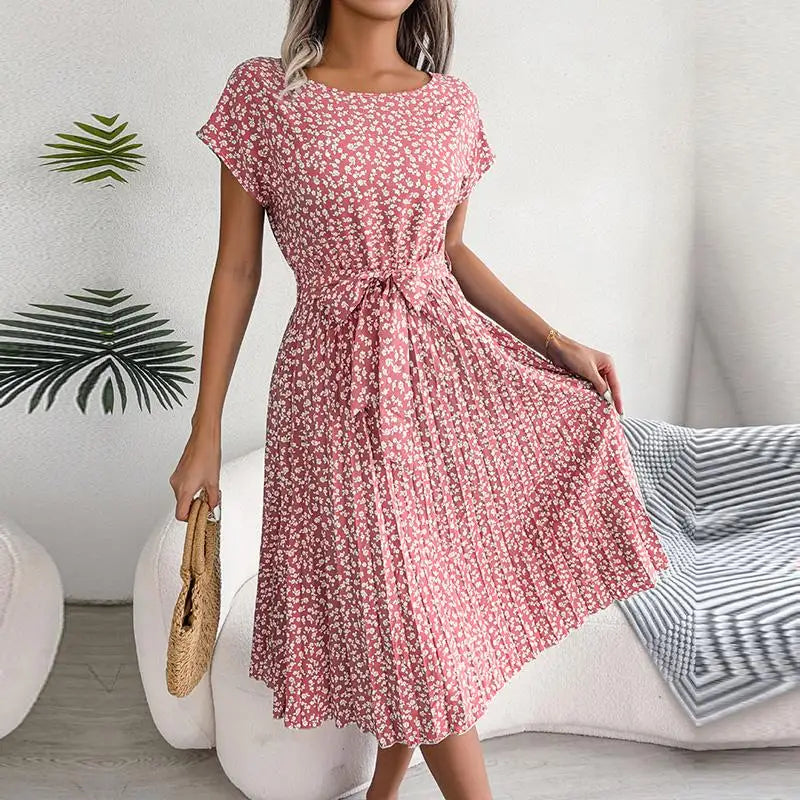 Summer Short Sleeve High Waist Chic Dress Fashion Floral Pleated A Line Long Dress LADYLYS