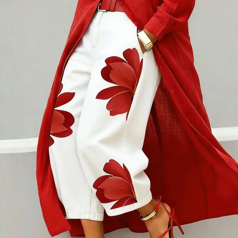 Women's Chic Printed Patchwork Straight Trousers | Loose Office Casual Pants