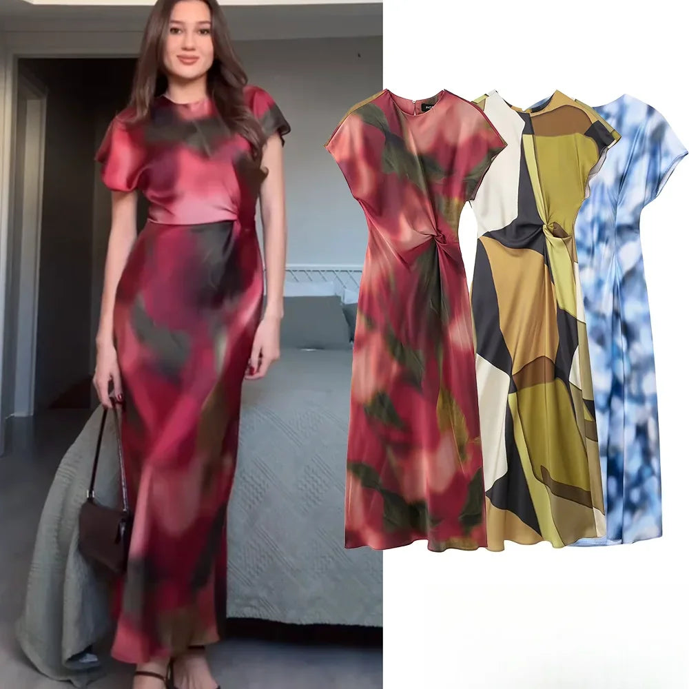 Vintage Satin Asymmetric Print Midi Pinch Pleat Long Dress LADYLYS