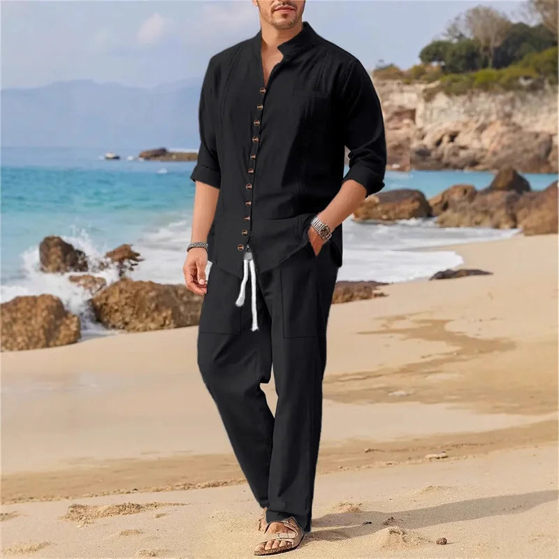 Men's Fashionable Cotton Linen Shirt Set, Stand Collar, Long Sleeves, Two-Piece Set LADYLYS