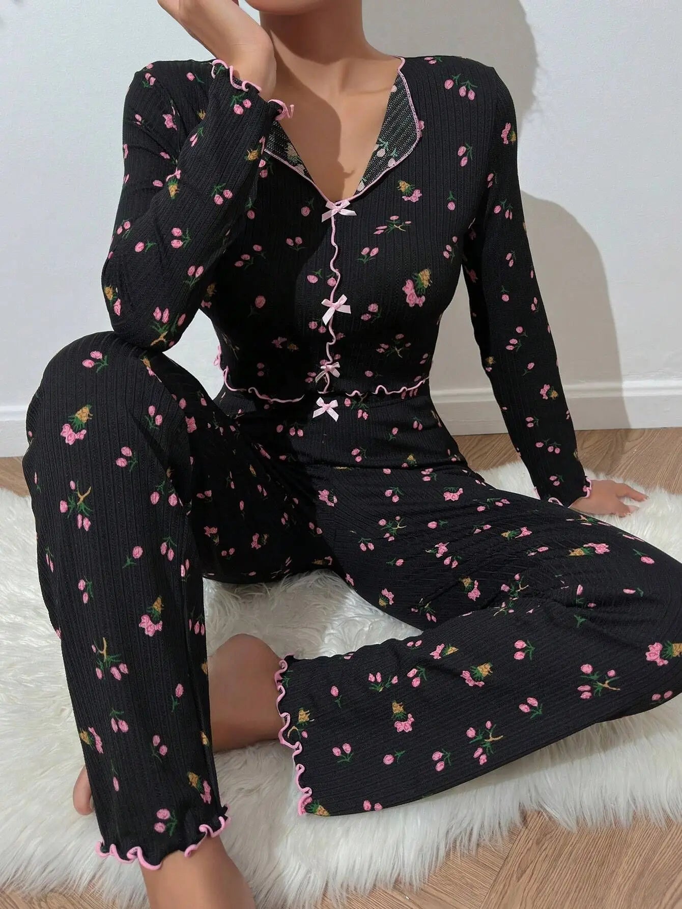 Cute Floral Ribbed Pajama Set Womens Long Sleeve V Neck LADYLYS