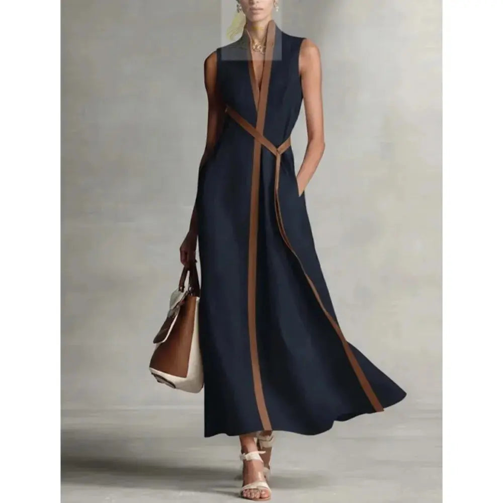 Retro Striped Splicing Cotton Linen Sleeveless Women's Dress Temperament LADYLYS