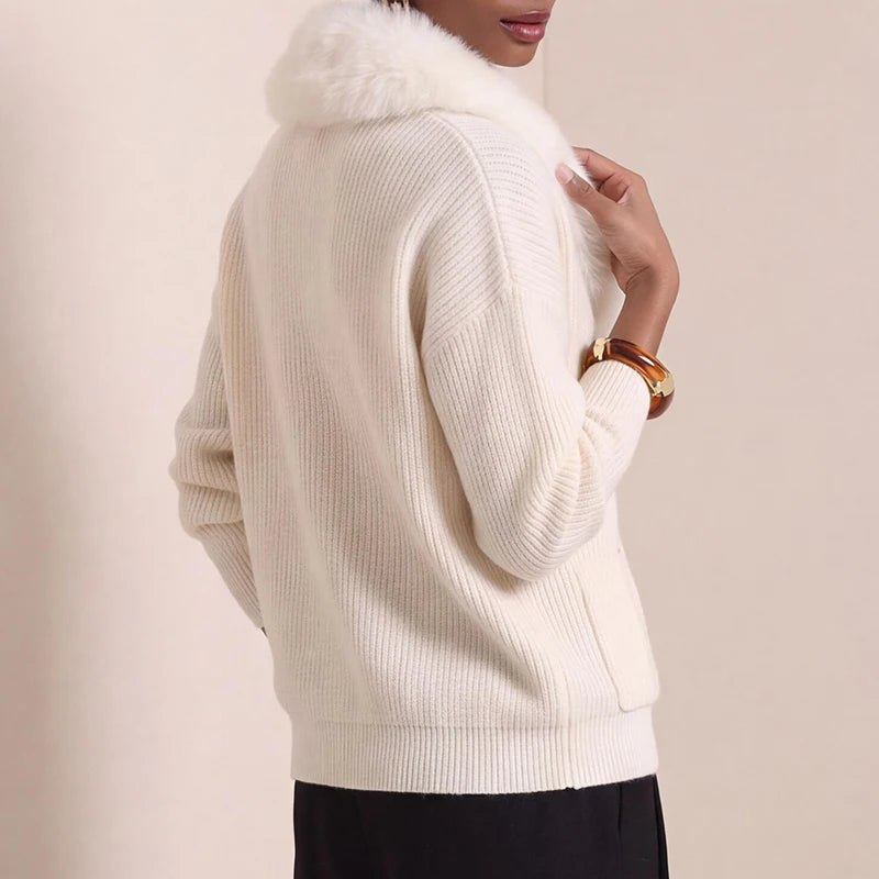 Women's Vintage V-Neck Knit Cardigan with Faux Fur Trim