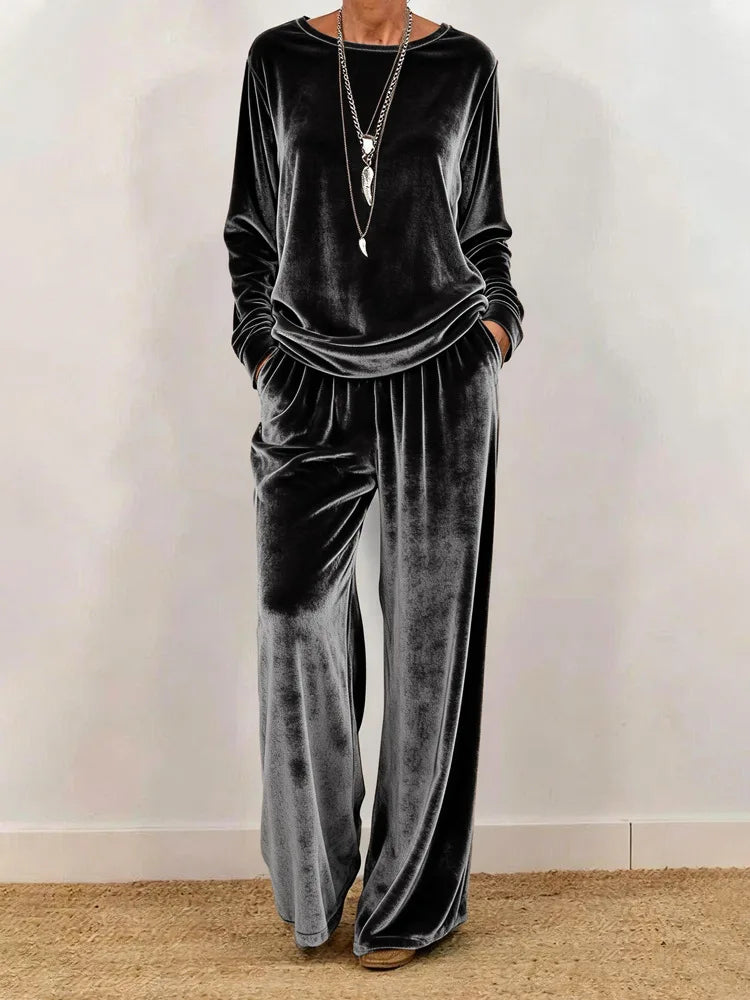 Women's Velvet Two-Piece Set – O-Neck Top & Wide-Leg Pants, Loose Fit, Office & Party
