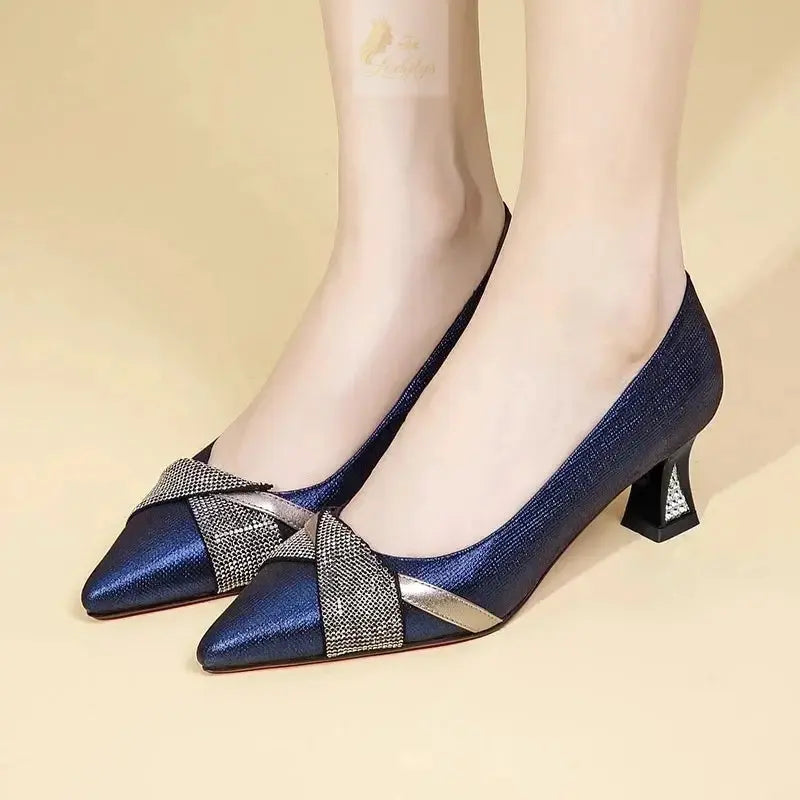 Cute Sweet Navy Blue High Quality Floral Crystal Comfort Pumps Lady Fashion LADYLYS