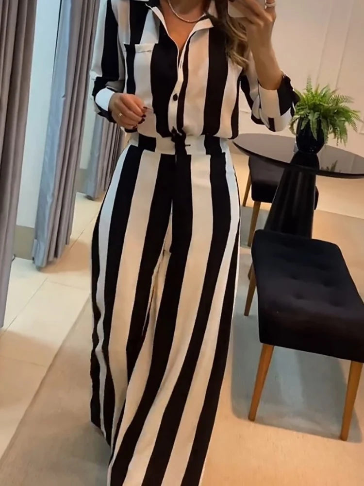 Women's Striped Wide Leg Pants Suit – Matching 2-Piece Set, Elegant Office Wear