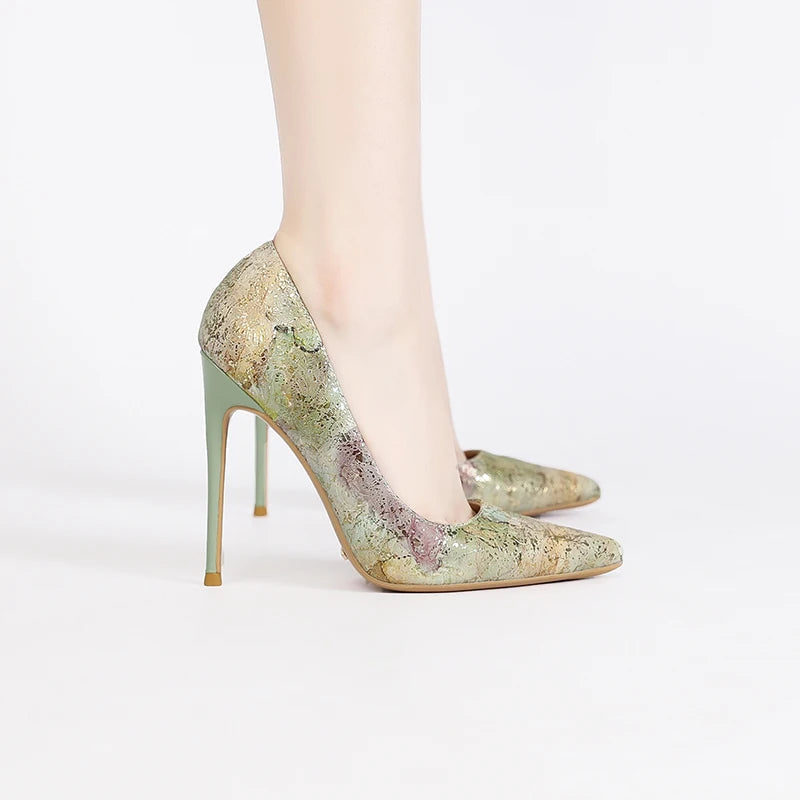 Women Cowhide High Heel Shoes Printed Leather Versatile Pumps LADYLYS