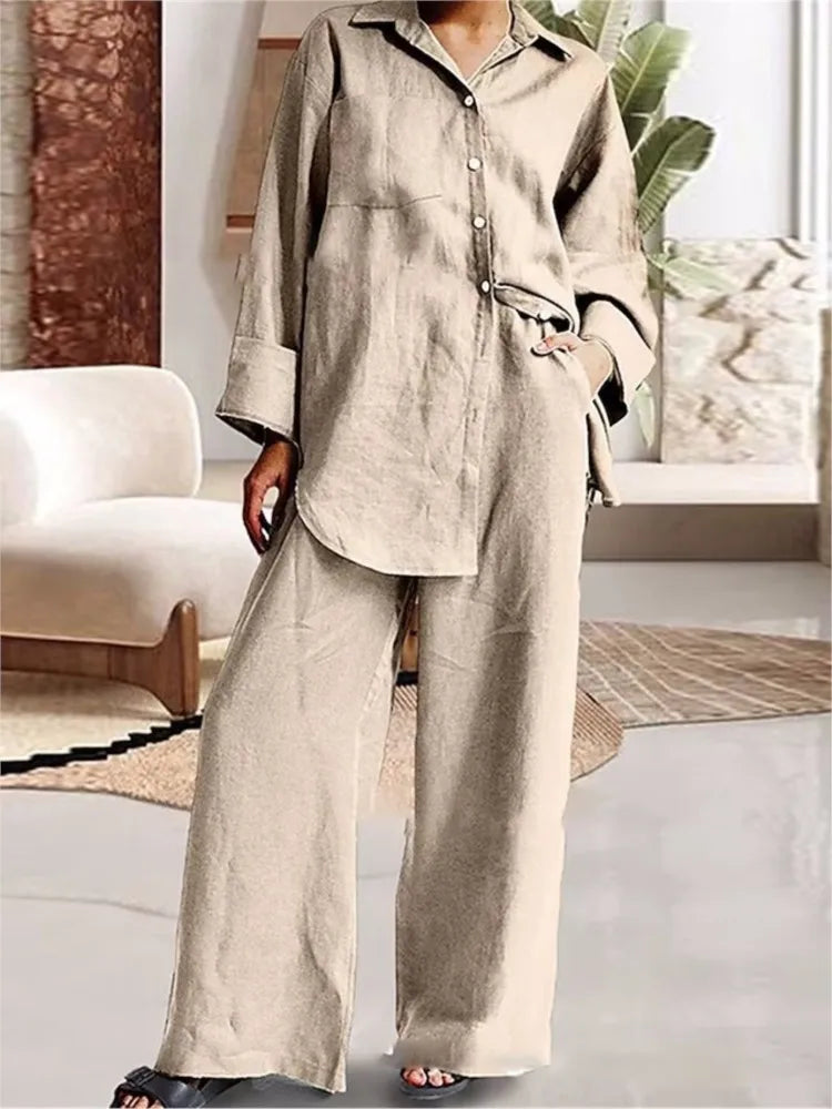 Autumn Long Pant Sets New Cotton Linen Women Casual Style LADYLYS