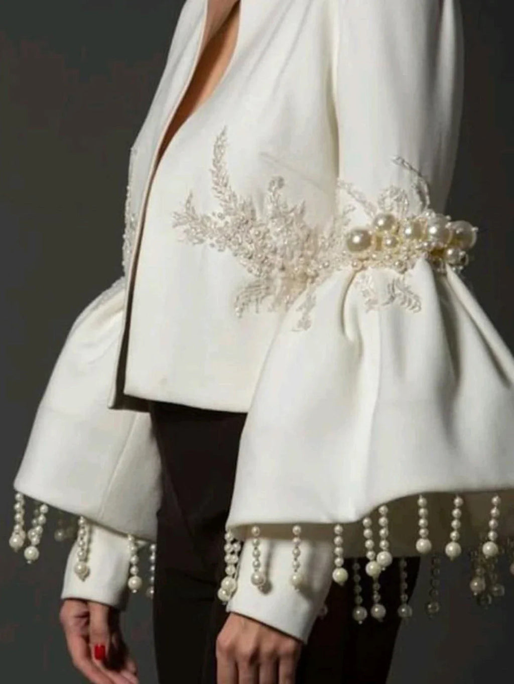 Pearl Tassel Jacket Fashion Elegant Stand Collar Pearl Fringed Decor Embroidery Flare LADYLYS