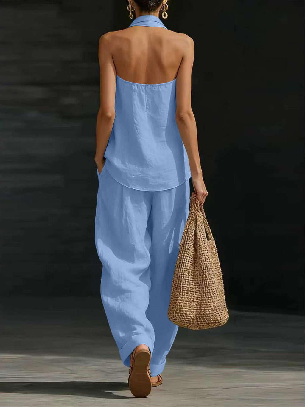 Women Linen 2 Piece Outfit Halter V Neck Sleeveless Tank Top Wide Leg Pants LADYLYS