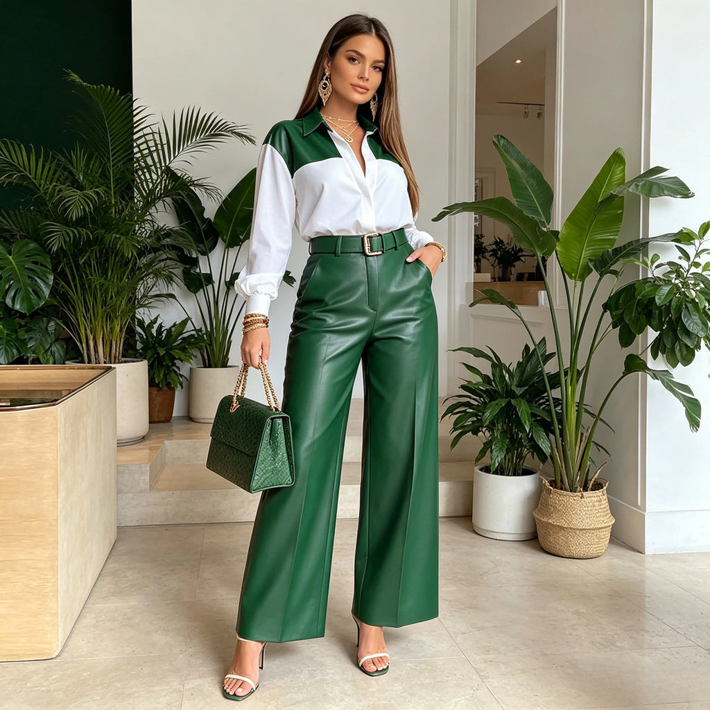 Women's 2-Piece Set: Long Sleeve Shirt and Wide-Leg Faux Leather Trousers