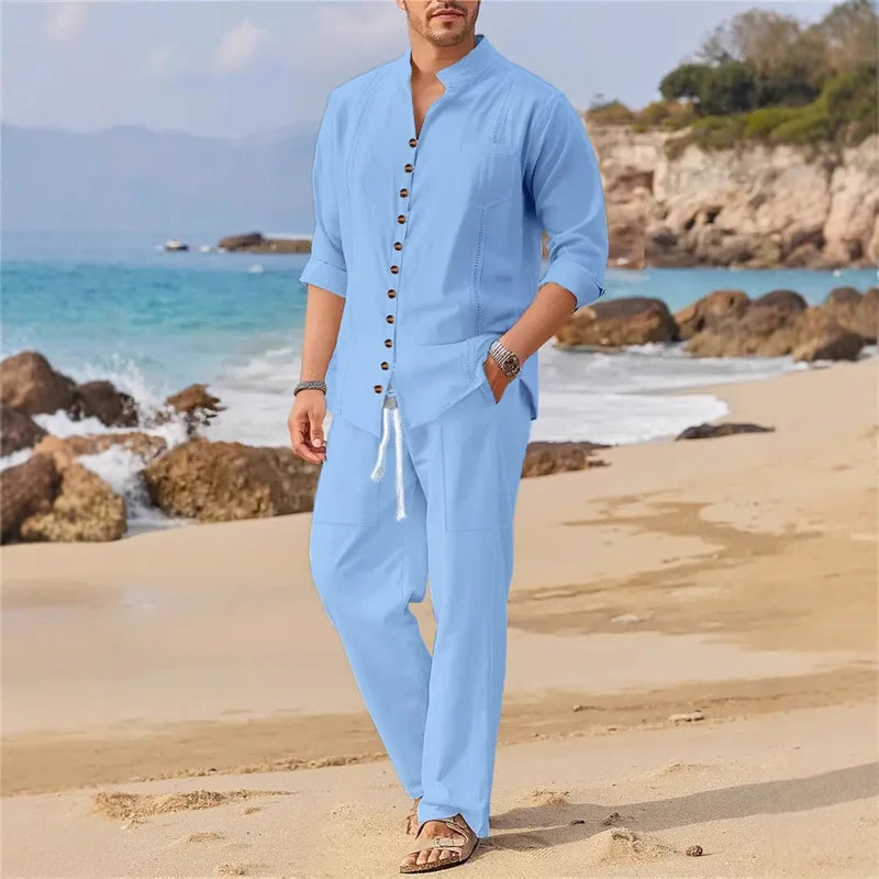 Men's Fashionable Cotton Linen Shirt Set, Stand Collar, Long Sleeves, Two-Piece Set LADYLYS