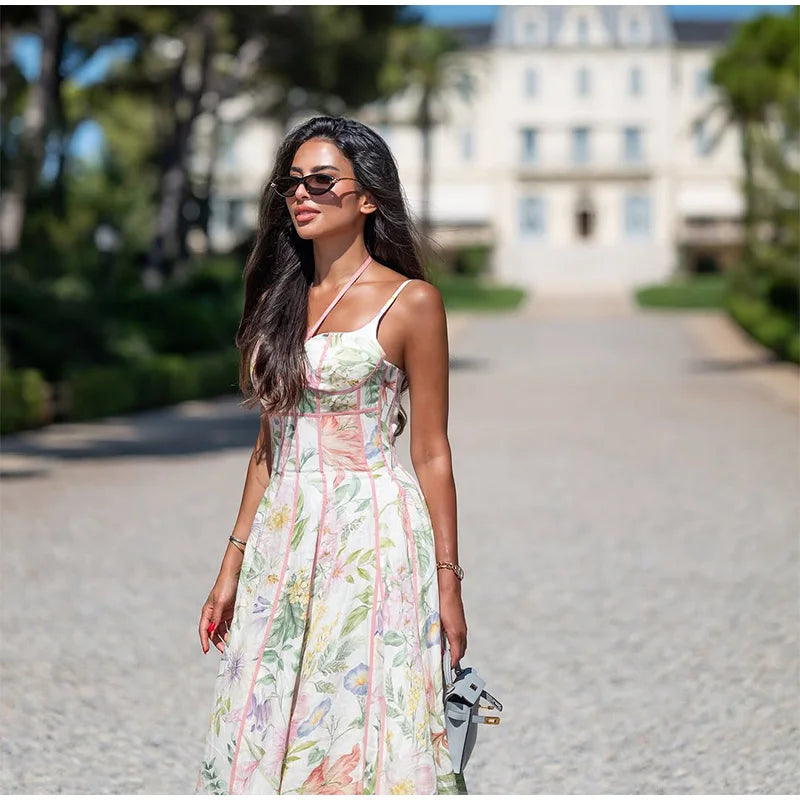 Floral Print Halter Neck Corset Waist Maxi Dress Elegant LADYLYS