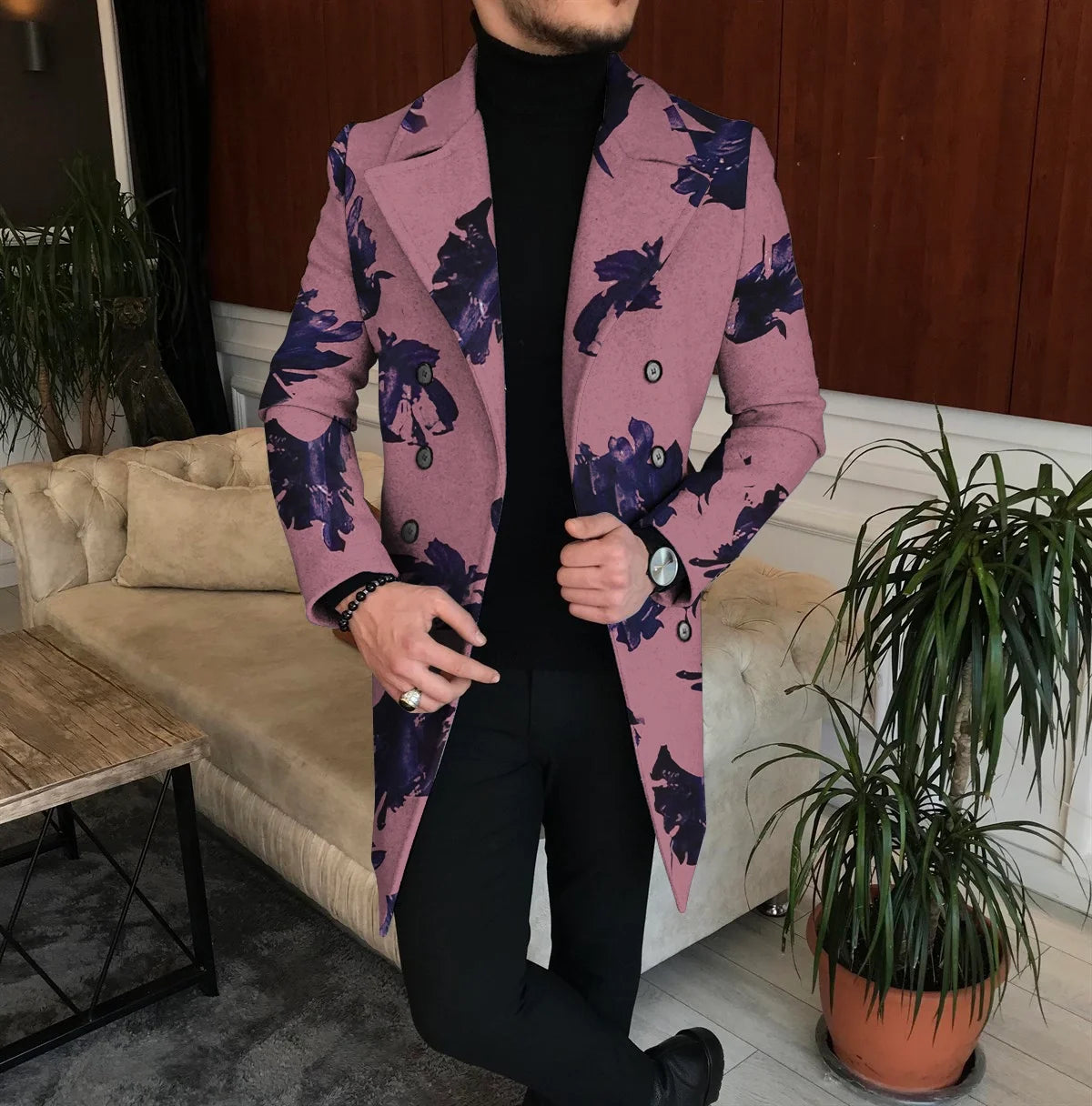Men's Printed Long Overcoat with Lapel Collar and Button Front