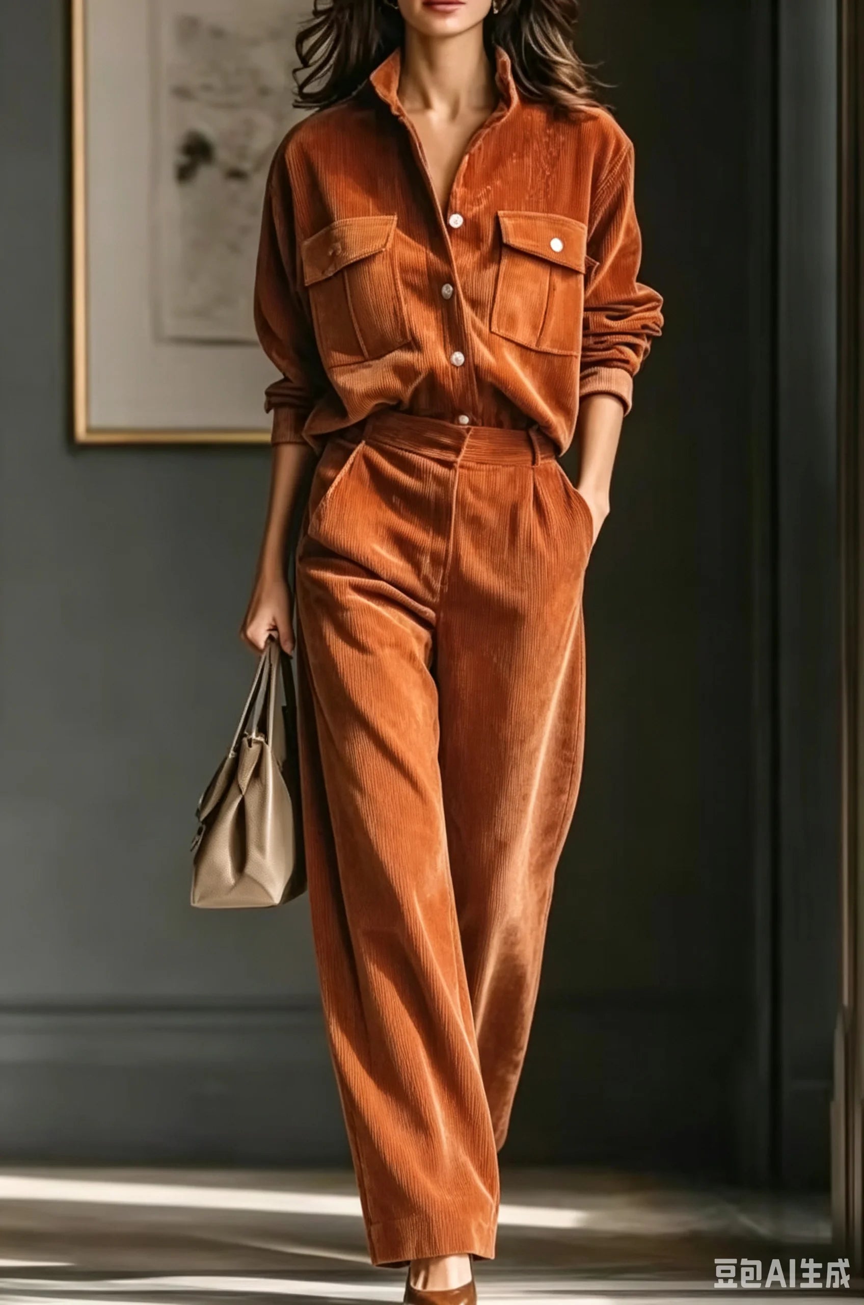 Women's 2-Piece Corduroy Set – Long Sleeve Shirt & Wide-Leg Pants, Office Casual
