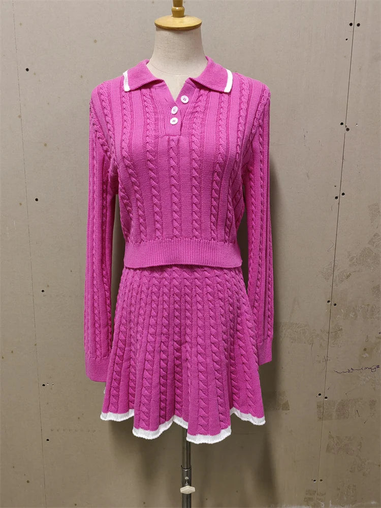 Patchwork Contrast 2-Piece Skirt Set – Long Sleeve Top & High Waist Mini Skirt