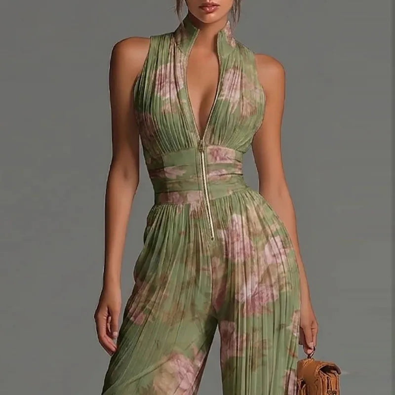 Elegant Chiffon Sleeveless Jumpsuit High Waist Pleated Flowy Wide Leg LADYLYS