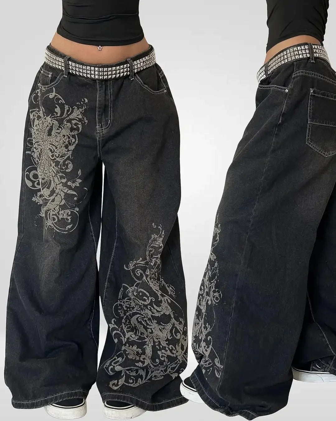 Women's Wide-Leg Jeans – Polka Dot Print, Metal Eyelet Cutout, Mid-Waist