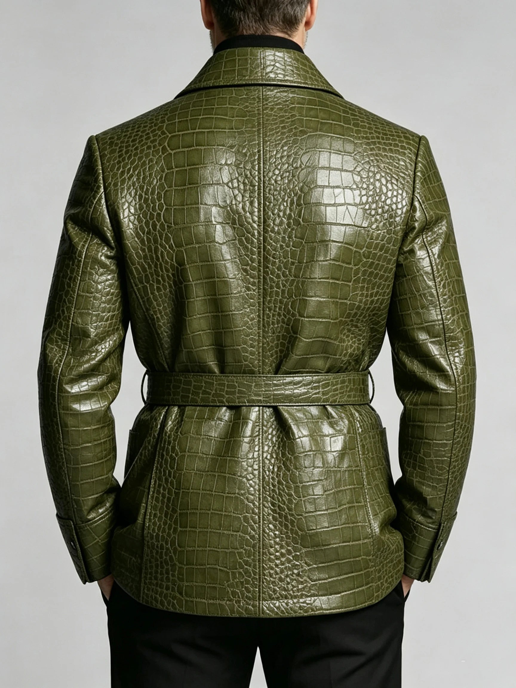 Men's Crocodile-Embossed PU Leather Blazer – Shawl Lapel, Belted, Slim Fit